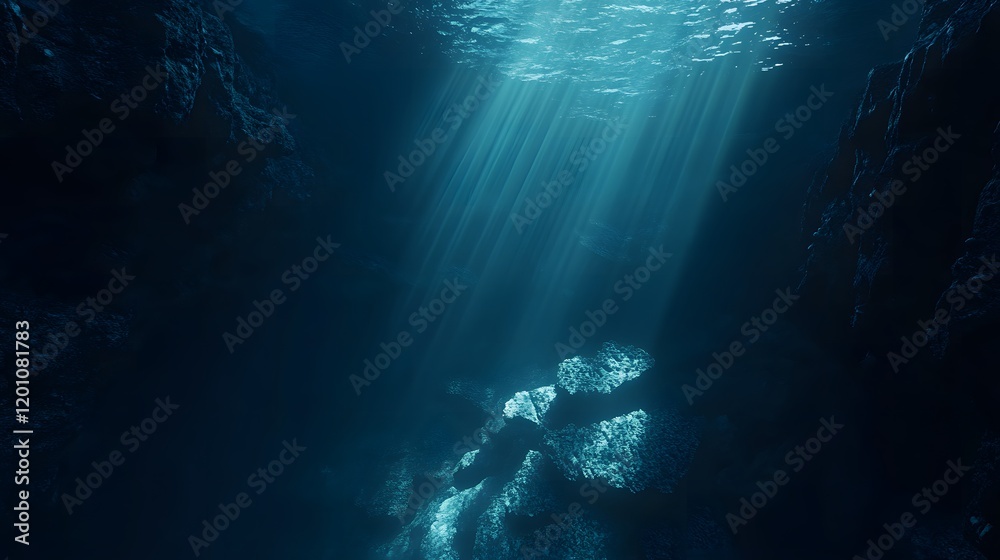 Naklejka premium Underwater cave sunlight beams, dark ocean floor, marine background, diving