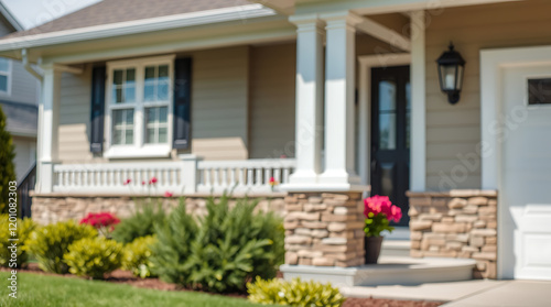 Dream House Exterior: Modern Home Design with Landscaping and Stonework.  Perfect for real estate agents and home buyers looking for inspiration.