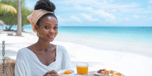Fototapeta Naklejka Na Ścianę i Meble -  A woman is sitting at a table on a beach, eating breakfast and drinking orange juice. The scene is peaceful and relaxing, with the ocean in the background and the sun shining down on the beach