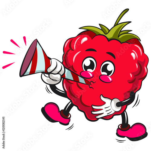 Cute raspberry fruit vektor illustration mascot character blow the party horn trumpet, work of hand drawn
