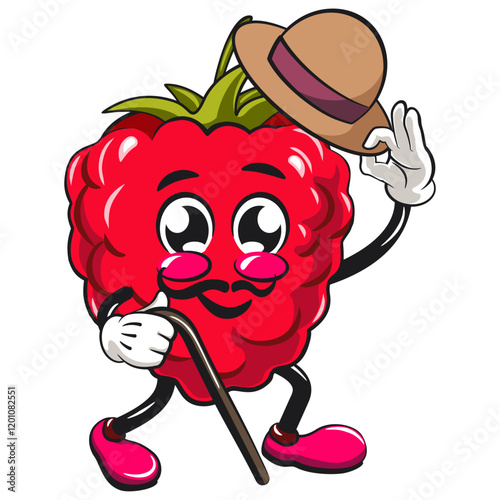 Cute raspberry fruit vektor illustration mascot character carrying a stick and saluting with raised hat, work of hand drawn