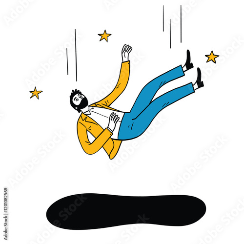 A man in a suit falling, possibly through some kind of vortex or void, indicated by the black shape at the bottom.