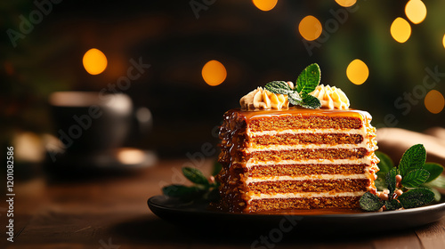 Hungarian Dobos Torte layered sponge cake, served with caramel and styled in a festive table setting, [Eastern European desserts, artisanal delight] photo