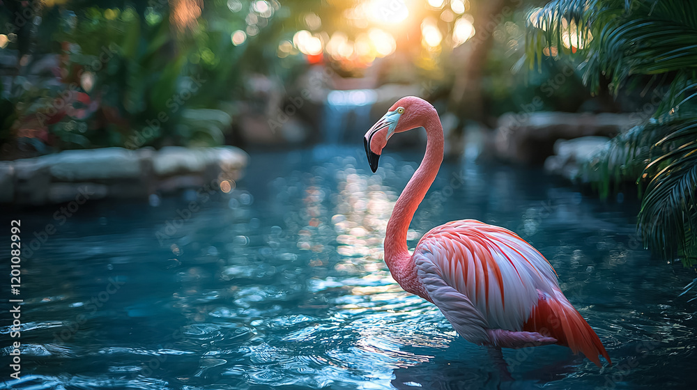 Fototapeta premium Flamingo wades through shimmering water in a lush tropical setting during golden hour at a serene resort. Generative AI