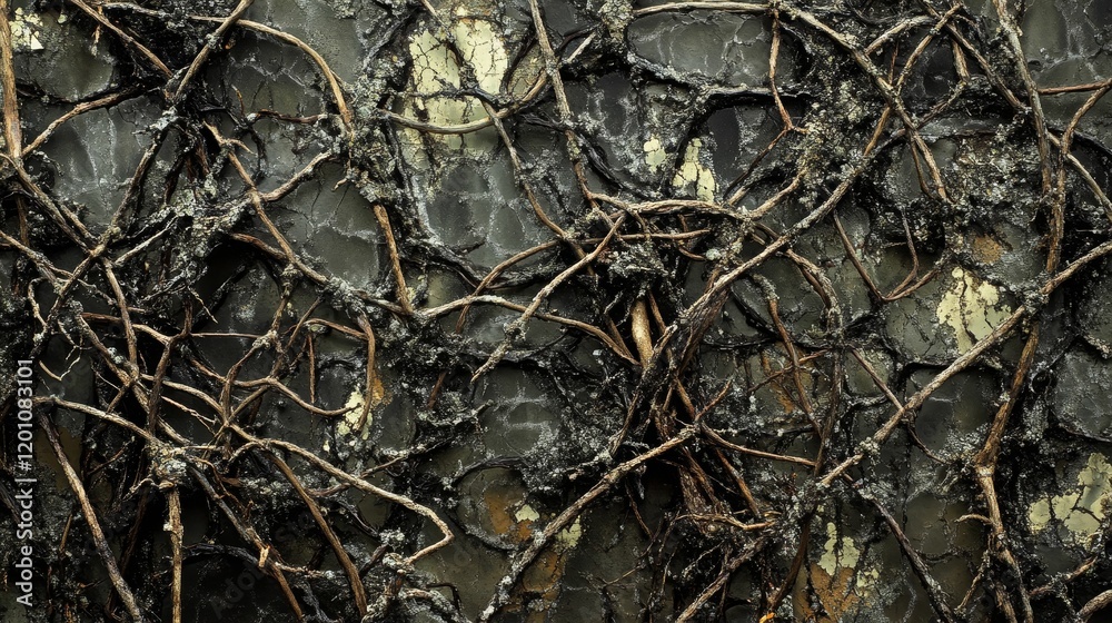 Dried vines intertwine on a dark, textured, and mottled surface. Dried vines intertwine on a dark, textured, and mottled surface.