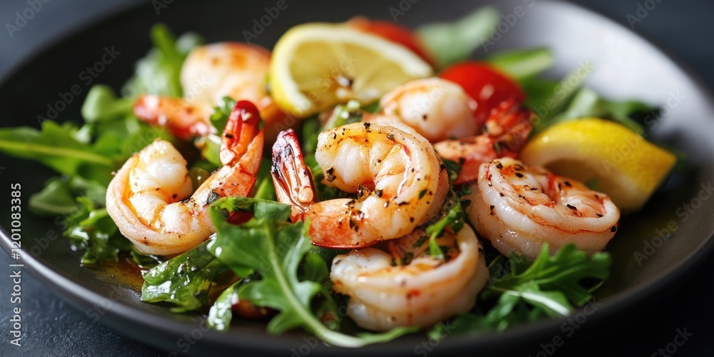 Refreshing prawn salad on a black plate with green arugula, bright red tomatoes, and lemon slices for a vibrant, appetizing presentation. Refreshing prawn salad on a black plate with green arugula, bright red tomatoes, and lemon slices for a vibrant, appetizing presentation.
