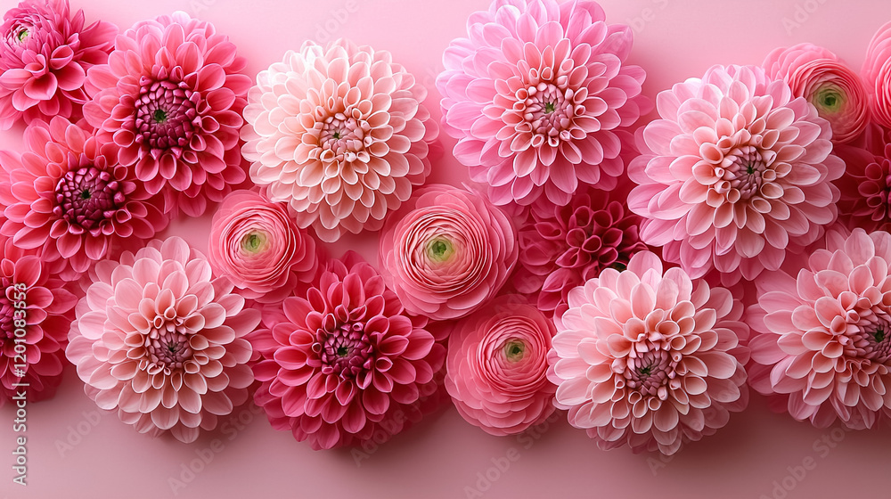 Vibrant display of pink flowers arranged elegantly on a soft pink background. Generative AI Vibrant display of pink flowers arranged elegantly on a soft pink background. Generative AI