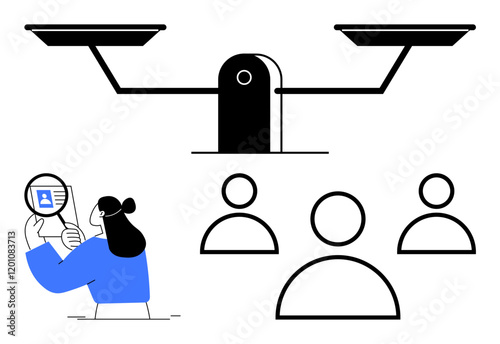 Justice scale symbolizing fairness, individual with magnifying glass evaluating profile, three abstract people. Ideal for equality, recruitment, HR, diversity, law, ethics abstract line flat