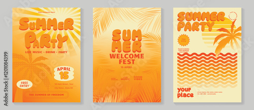 Summer party music poster  background vector set. Electro Sound Cover template with coconut tree, orange color, line wave, beach, sunset. Hot summer design for social media, party, music festival.