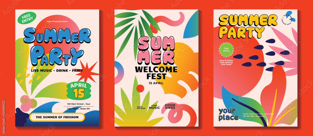 Naklejka premium Summer party music poster background vector set. Electro Sound Cover template with vibrant organic shapes, colorful, sea wave, tropical leaf. Hot summer design for social media, party, music festival.