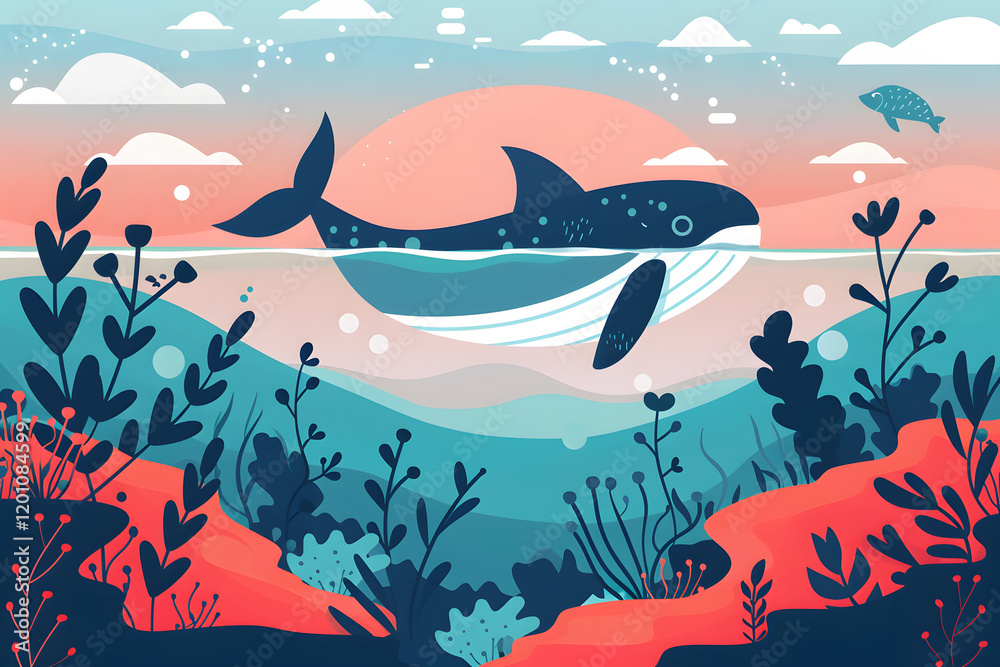 Obraz premium World Oceans Day, Whale, To celebrate and raise awareness of the world's oceans Let's work together to conserve the sea, Flat design