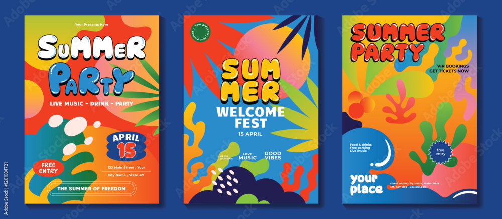 Fototapeta premium Summer party music poster background vector set. Electro Sound Cover template with vibrant organic shapes, colorful, sea wave, tropical leaf, coral. Design for social media, party, music festival.