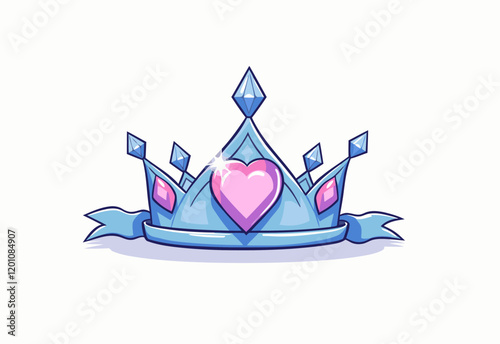 Cute Cartoon Heart-Shaped Tiara, Blue Ribbon Accent, White Background, Simple Vector Design, No Shadows, Flat Style, Minimalist Art, Perfect for Children’s Projects, Clear Outline, Cute Elements. 
