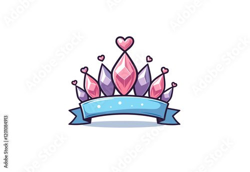 Adorable Anime Style Crystal Heart Tiara with a Blue Ribbon, Vector Art, Simple Shape, Clean Lines, Cute Cartoon, White Background, Minimalist Design, No Gradient Shading