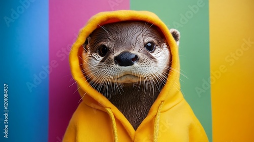 Snug otter in a tiny hoodie isolated on a colorful background