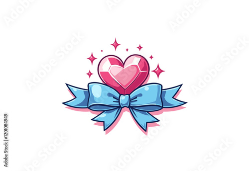Charming Cartoon Crystal Heart Tiara with Blue Ribbon, Anime Style Vector Illustration, Simple Design with White Background, No Shadowing, Simple Shape Outline, Cute and Minimalist Artwork