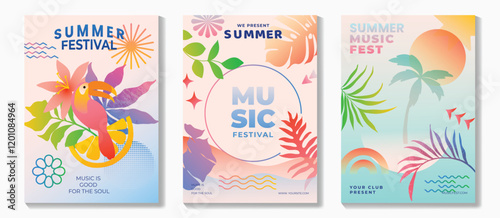 Summer party music poster background vector set. Electro Sound Cover with vibrant color, hornbill, sea wave, tropical plant, sun, coconut tree. Summer Design for social media, party, music festival.