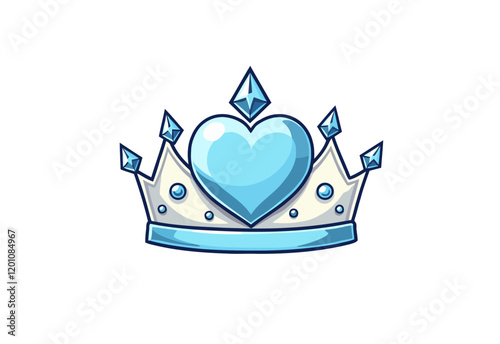 Vector Crystal Heart Tiara: Cute Cartoon Style, Blue Ribbon, Simple Flat Design, White Background, No Shadow, No Gradient Shading, Clean Lines, Minimal Shape, White Space, Simple Diamonds