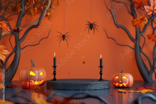 Halloween Decorations with Pumpkins, Candles, and Spider Motifs photo