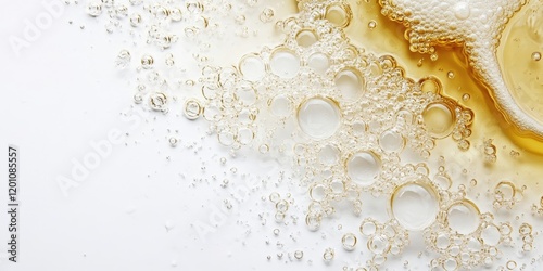 Abstract golden oil surface with bubbles on left side against a white background featuring clusters of bubbles in various sizes throughout the area photo