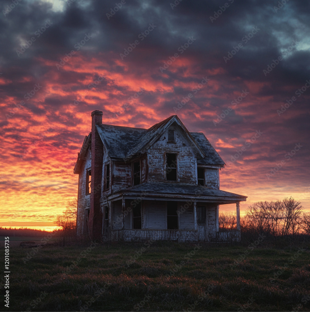 desaturated abandoned house with sunset backdrop desaturated abandoned house with sunset backdrop
