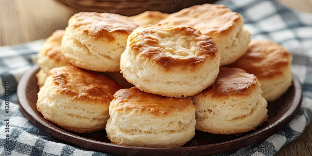 Golden brown homemade biscuits stacked on a dark wooden plate surrounded by a blue and white checkered cloth on a rustic wooden table. Golden brown homemade biscuits stacked on a dark wooden plate surrounded by a blue and white checkered cloth on a rustic wooden table.