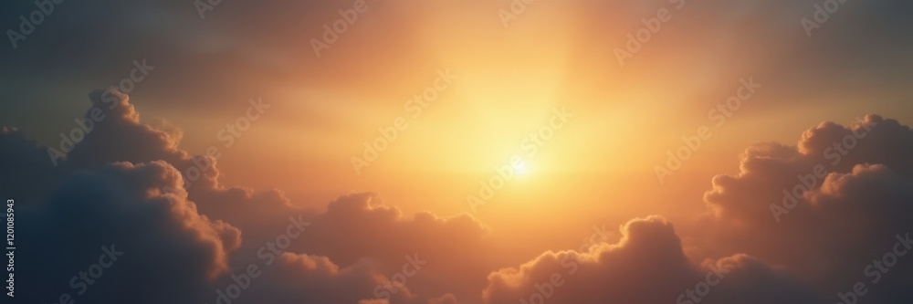 Fototapeta premium Golden light rays burst through clouds, celestial scene, golden rays of light, golden light effect