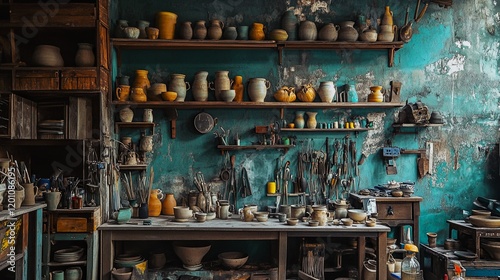 Wallpaper Mural A vibrant pottery studio with shelves of unglazed vases and tools neatly arranged Torontodigital.ca