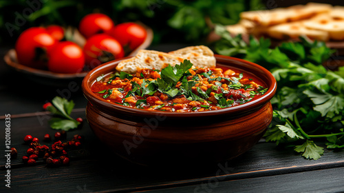 Iranian Abgoosht stew served in clay pots with diced bread and herbs, styled in a Persian courtyard setting, [Middle Eastern hearty dish, cultural authenticity] photo