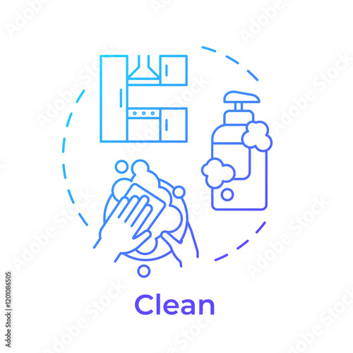 Clean blue gradient concept icon. Tableware washing. Cleaning tools, chemicals. Round shape line illustration. Abstract idea. Graphic design. Easy to use in infographic, presentation