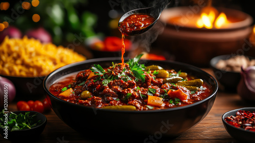 Iranian Dizi stew, poured out and served with pickles and herbs, captured in a lively Persian diner, [Middle Eastern hearty meals, rustic hospitality] photo