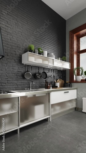 3d Render vertical video of kitchen with black brick wall and concrete floor. White and steel furniture with hob, sink and decoration. Wood window to city landscape with little plants. White wall radi photo