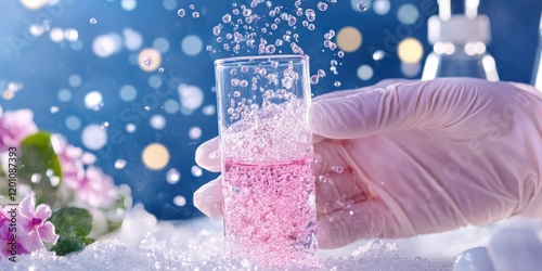 Close-Up of Scientist's Hands Holding Test Tube with Bubbling Chemical Reaction in Laboratory photo