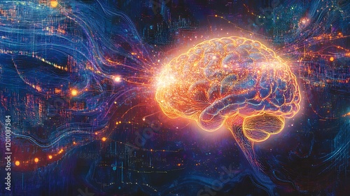 A human brain connecting with a digital brain illuminated by glowing neural pathways representing the fusion of technology and human consciousness
