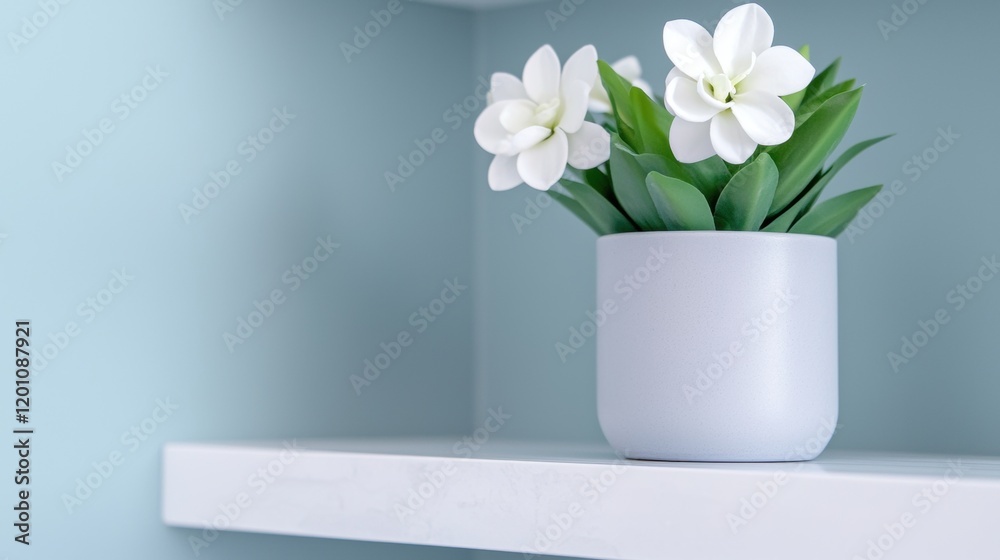 White vase with three white flowers in it. the vase is sitting on a white shelf against a light blue wall. the flowers are in full bloom and have green leaves. White vase with three white flowers in it. the vase is sitting on a white shelf against a light blue wall. the flowers are in full bloom and have green leaves.
