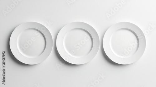 Three plain white plates arranged on a minimalist white background for creative culinary presentation ideas. Generative AI