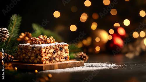 Italian Panforte fruit and nut cake, sliced and styled with powdered sugar in a festive Tuscan holiday setting, [Mediterranean desserts, artisanal charm] photo