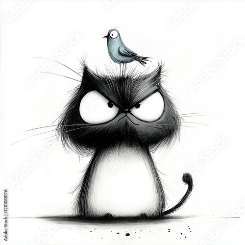 Cartoon cat with an annoyed expression and a bird perched on its head