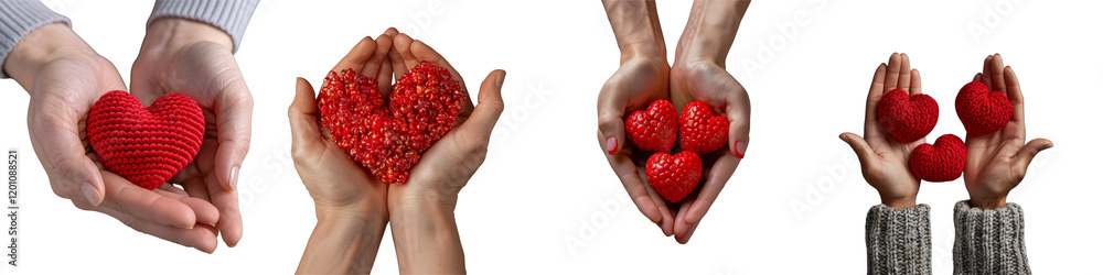 Collection of hands holding red hearts isolated on a white or transparent background Collection of hands holding red hearts isolated on a white or transparent background