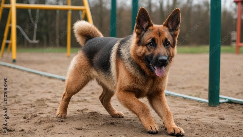 Red and black german shepherd dog in the playground Red and black german shepherd dog in the playground