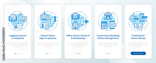 Visitor management blue onboarding mobile app screen. Walkthrough 5 steps editable graphic instructions with linear concepts. UI, UX, GUI template. Montserrat SemiBold, Regular fonts used