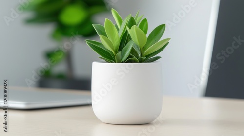 Small white pot with a green plant in it. the pot is sitting on a wooden desk with a laptop in the background.