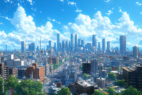 Bright Blue Sky and Modern Skyline in Anime Background Style