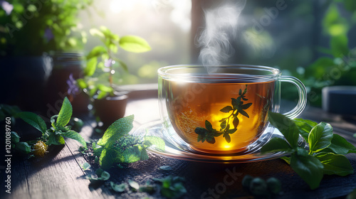 Organic herbal tea steaming cup with herbs on side photo