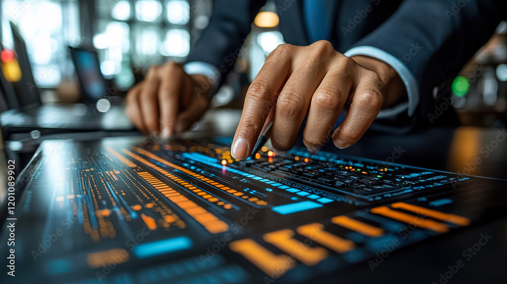 Business professional interacting with digital touchscreen display in modern office environment during busy workday. Generative AI Business professional interacting with digital touchscreen display in modern office environment during busy workday. Generative AI