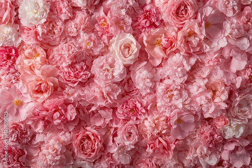 A blooming background of roses and peonies intertwined, creating a seamless floral design in soft pink tones.