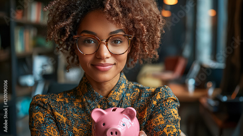 Young woman with curly hair holding a pink piggy bank in a cozy cafe during daytime. Generative AI