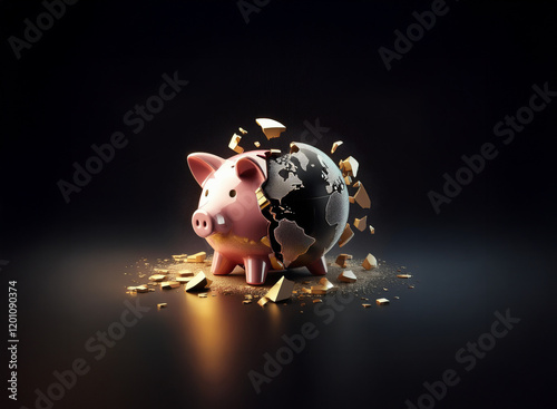 A pink piggy bank, shattered to reveal a fractured Earth inside, rests on a dark surface amidst golden debris.  This symbolizes global financial crisis and environmental fragility. photo