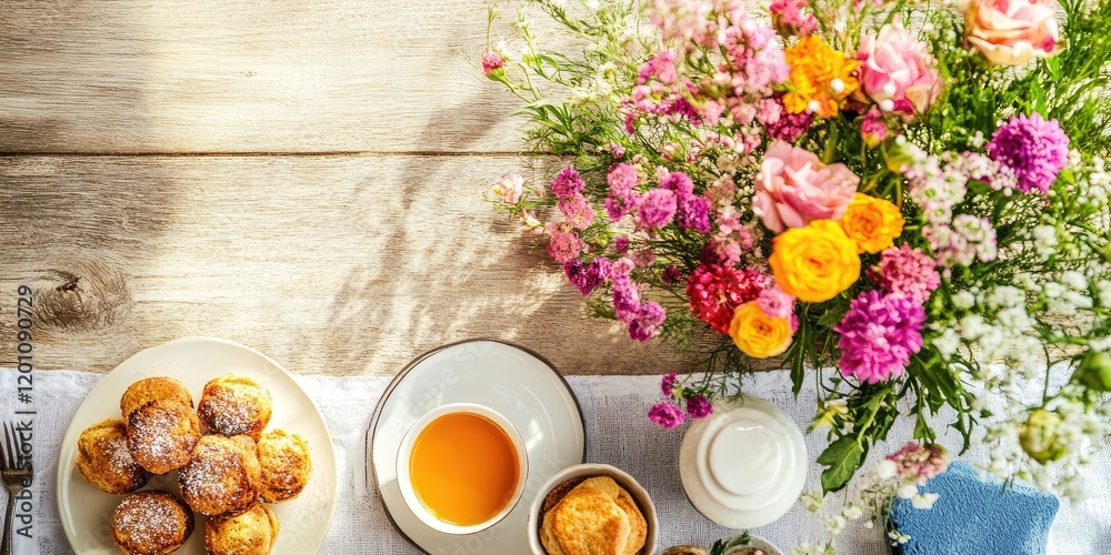 custom made wallpaper toronto digitalHeartfelt Mother's Day breakfast spread featuring a vibrant flower bouquet in pink and yellow tones, pastries, tea, and orange juice on a rustic table.