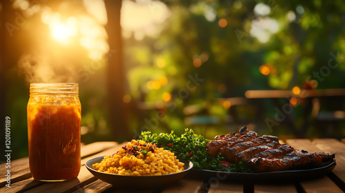 Kenyan Ugali and Sukuma Wiki, served with grilled meat in a rustic open-air dining setup, [East African staples, hearty traditions] photo